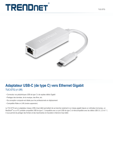 Trendnet TUC-ETG USB-C (Type-C) to Gigabit Ethernet Adapter Fiche technique | Fixfr