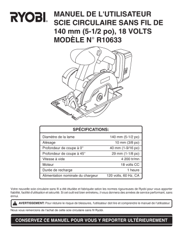 Manuel du propriétaire | Ryobi R10633 Manuel utilisateur | Fixfr