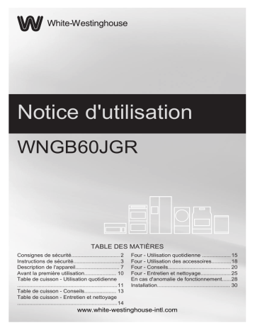 White-Westinghouse WNGB60JGRSO Cooker Manuel du propriétaire | Fixfr