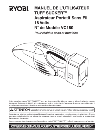 Manuel du propriétaire | Ryobi VC180 Manuel utilisateur | Fixfr