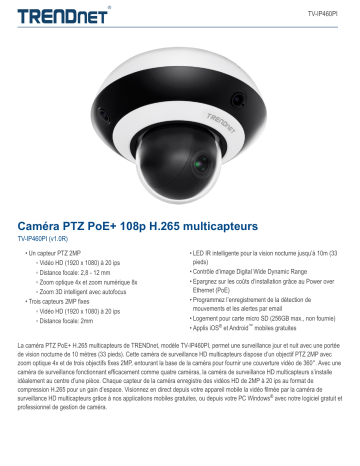 Trendnet TV-IP460PI Multi-Sensor H.265 1080p PoE+ PTZ Camera Fiche technique | Fixfr