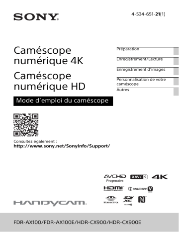 FDR AX100 | FDR AX100E | HDR-CX900E | Sony HDR CX900E Mode d'emploi | Fixfr