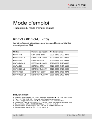 KBF-S 115 | KBF-S 720 | KBF-S 1020 | Mode d'emploi | Binder KBF-S 240 Chambres climatiques à conditions constante Manuel utilisateur | Fixfr