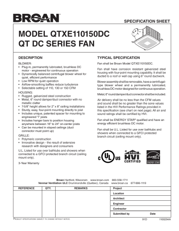 Broan QTXE110150DC QTDC Series 110 CFM-150 CFM Bathroom Exhaust Fan, ENERGY STAR spécification | Fixfr