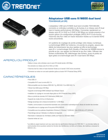 Trendnet TEW-664UB N600 Wireless Dual Band USB Adapter Fiche technique | Fixfr
