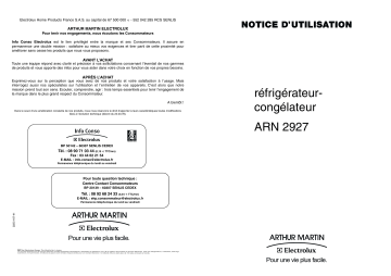 Manuel du propriétaire | Arthur Martin-Electrolux ARN2927 Réfrigérateur combiné Manuel utilisateur | Fixfr