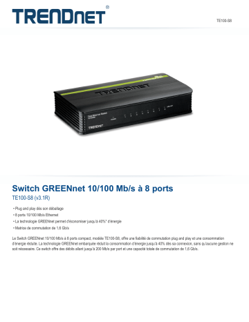 Trendnet TE100-S8 8-Port 10/100 Mbps GREENnet Switch Fiche technique | Fixfr