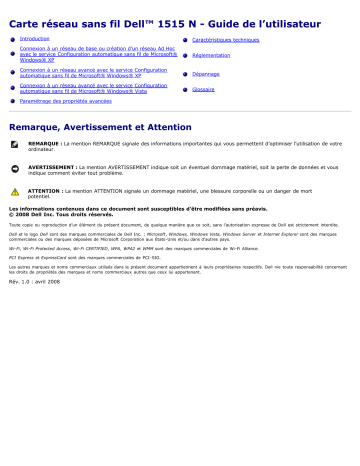 Dell Wireless 1515 Wireless-N WLAN Card Users Guide electronics accessory Manuel utilisateur | Fixfr