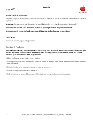 Manuel du propriétaire | Apple POWER MAC G4 FW 800 Manuel utilisateur | Fixfr