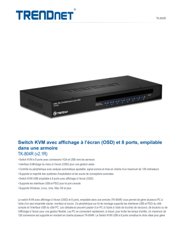 Trendnet TK-804R 8-Port Stackable Rack Mount KVM Switch Fiche technique | Fixfr