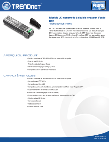 Trendnet TEG-MGBS40D5 SFP Dual Wavelength Single-Mode LC Module Fiche technique | Fixfr