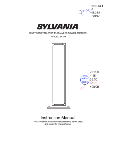 Sylvania SP355 BLUETOOTH TABLETOP PLASMA LED TOWER SPEAKER Manuel du propriétaire | Fixfr
