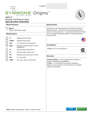 Symmons S9600PTRMRP Origins Temptrol 1-Handle Valve Trim Kit in Chrome (Valve Not Included) Guide d'installation | Fixfr
