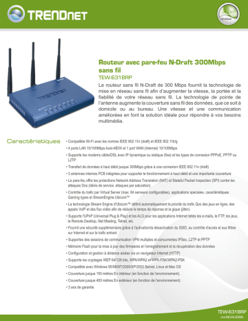 Trendnet TEW-631BRP 300Mbps Wireless N-Draft Firewall Router Fiche technique | Fixfr