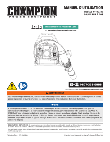 Model #100735 | Champion Power Equipment 100735 42cc Backpack Leaf Blower Manuel utilisateur | Fixfr