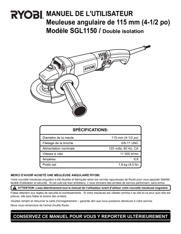 Manuel du propriétaire | Ryobi SGL1150 Manuel utilisateur | Fixfr