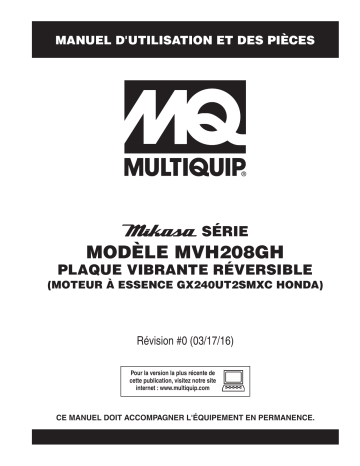 Mode d'emploi | MQ Multiquip MVH208GH Plaques vibrantes réversible Manuel utilisateur | Fixfr