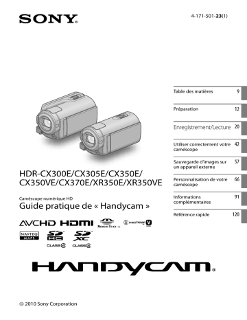 HDR XR350VE | HDR CX370E | HDR XR350E | HDR CX350E | HDR-CX305E | HDR CX305E | HDR CX300E | Mode d'emploi | Sony HDR CX350VE Manuel utilisateur | Fixfr