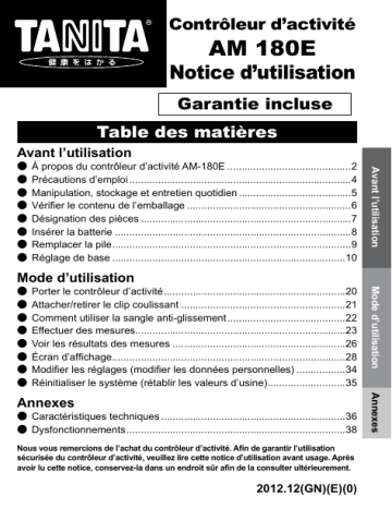 Manuel du propriétaire | Tanita AM-180E Activity Monitor Manuel utilisateur | Fixfr