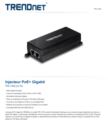 Trendnet RB-TPE-115GI Gigabit PoE+ Injector Fiche technique | Fixfr