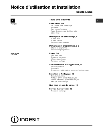 Manuel du propriétaire | Indesit ISA60V Manuel utilisateur | Fixfr