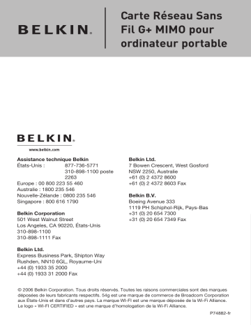 Manuel du propriétaire | Belkin CARTE RESEAU SANS FIL G+ MIMO Manuel utilisateur | Fixfr