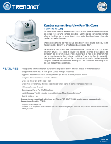 Trendnet TV-IP410 SecurView Pan/Tilt/Zoom Network Camera Fiche technique | Fixfr