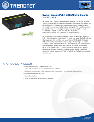 Trendnet TPE-TG80g 8-Port Gigabit GREENnet PoE+ Switch Fiche technique | Fixfr