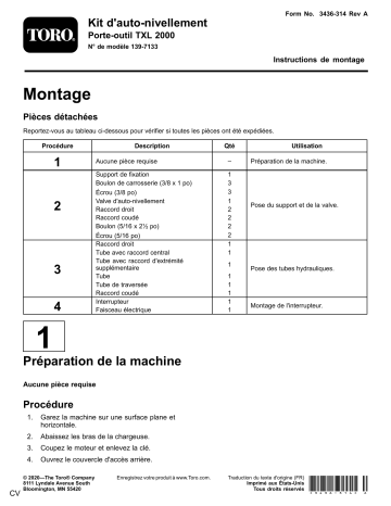 Guide d'installation | Toro Self Leveling Kit, TXL 2000 Tool Carrier Compact Utility Loader Manuel utilisateur | Fixfr