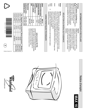 MAX 16/WH/2 | MAX 16/2/BL | MAX 16/WH | Mode d'emploi | Whirlpool MAX 16/BL Manuel utilisateur | Fixfr