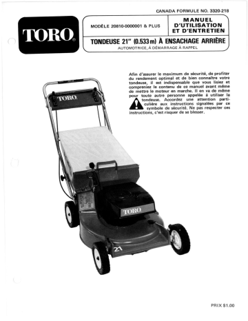 Toro Lawnmower Walk Behind Mower Manuel utilisateur | Fixfr