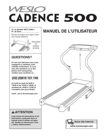 WETL15805.1 | Cadence 500 Treadmill | Weslo Cadence 500 Manuel utilisateur | Fixfr