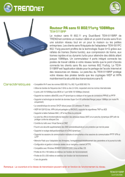 Trendnet TEW-511BRP 108Mbps 802.11a+g Wireless AP Router Fiche technique