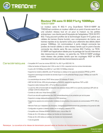 Trendnet TEW-511BRP 108Mbps 802.11a+g Wireless AP Router Fiche technique | Fixfr