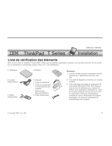 Installation manuel | Lenovo THINKPAD T30 Guide d'installation | Fixfr