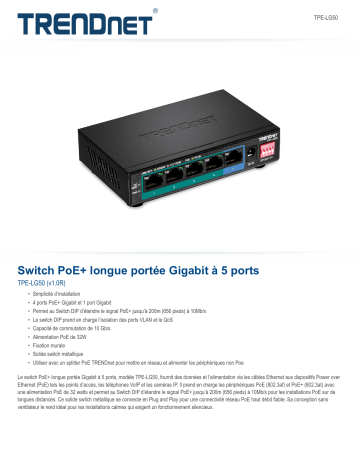 Trendnet RB-TPE-LG50 5-Port Gigabit Long Range PoE+ Switch Fiche technique | Fixfr