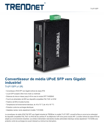 Trendnet TI-UF11SFP Industrial SFP to Gigabit UPoE Media Converter Fiche technique | Fixfr