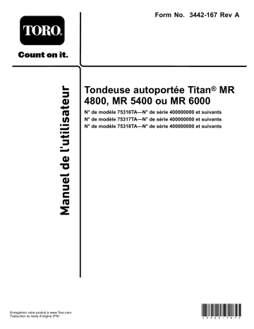 Titan MR 4800 Riding Mower | Titan MR 5400 Riding Mower | Toro Titan MR 6000 Riding Mower Riding Product Manuel utilisateur | Fixfr