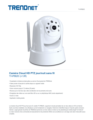 Trendnet TV-IP862IC HD Wireless Day/Night PTZ Cloud Camera Fiche technique | Fixfr