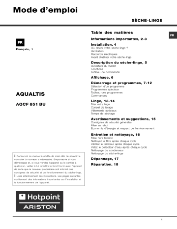 Manuel du propriétaire | Hotpoint-Ariston AQCF 851 BUAQCF851BUAQUALTIS AQCF851BU Manuel utilisateur | Fixfr