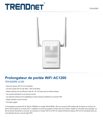 Trendnet TEW-822DRE AC1200 WiFi Range Extender Fiche technique | Fixfr