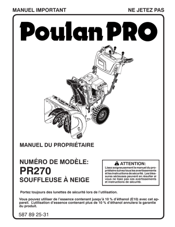 Poulan Pro PR270 Snow Blower Manuel du propriétaire | Fixfr