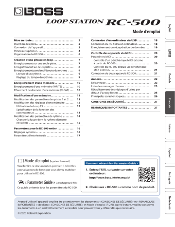 Manuel du propriétaire | Boss RC-500 Loop Station Manuel utilisateur | Fixfr