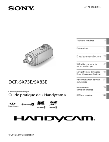 DCR-SX73E | DCR SX83E | DCR-SX83E | Mode d'emploi | Sony DCR SX73E Manuel utilisateur | Fixfr