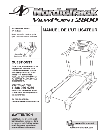 NordicTrack Viewpoint 2800 Treadmill Manuel utilisateur | Fixfr