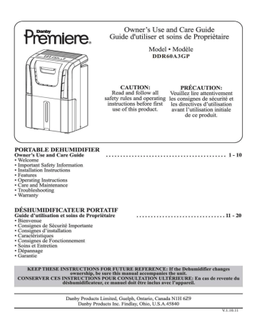 Danby DDR60A3GP Dehumidifier User Manual | Fixfr