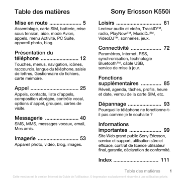 Manuel du propriétaire | Sony Ericsson K550i Manuel utilisateur | Fixfr