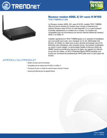 Trendnet TEW-718BRM N150 Wireless ADSL 2/2+ Modem Router Fiche technique | Fixfr