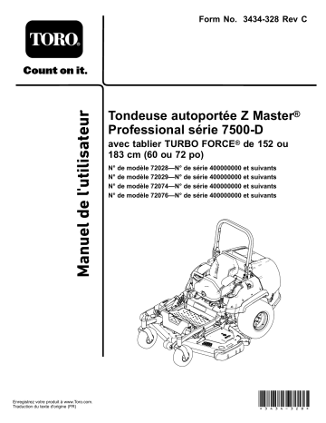 Z Master Professional 7500-D Series Riding Mower, With 72in TURBO FORCE Side Discharge Mower | Z Master Professional 7500-D Series Riding Mower, With 60in TURBO FORCE Rear Discharge Mower | Toro Z Master Professional 7500-D Series Riding Mower, With 72in TURBO FORCE Rear Discharge Mower Riding Product Manuel utilisateur | Fixfr