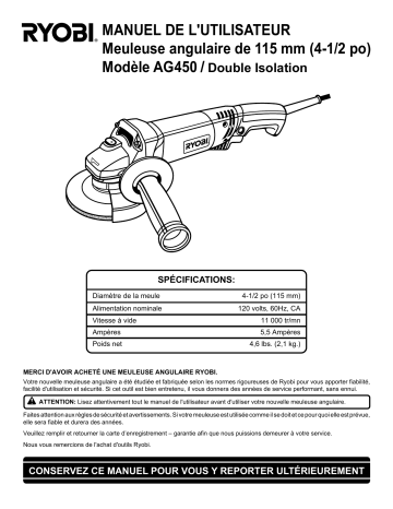 Manuel du propriétaire | Ryobi AG450 Manuel utilisateur | Fixfr